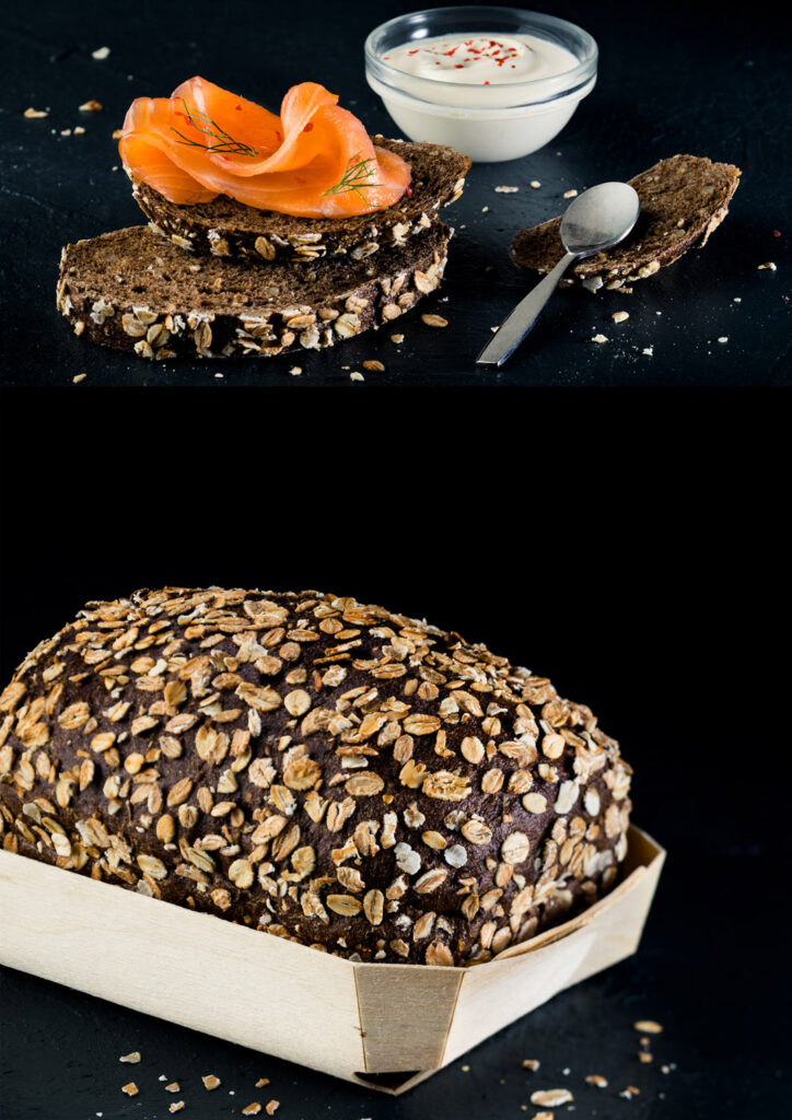 composition photo, de pain aux graines, avec une tartine de saumon
