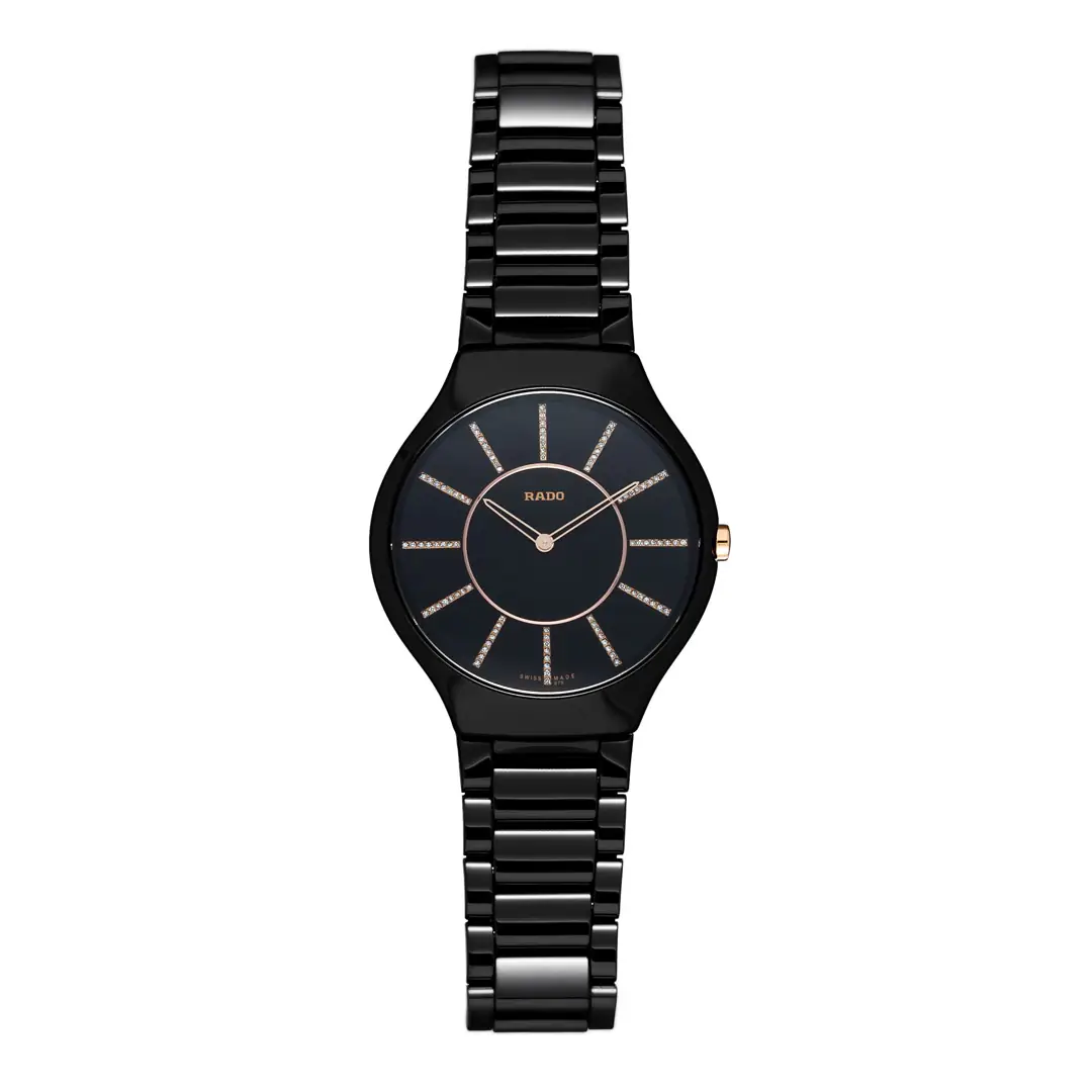 montre rado bracelet ceramique noire cadran minimaliste, packshot