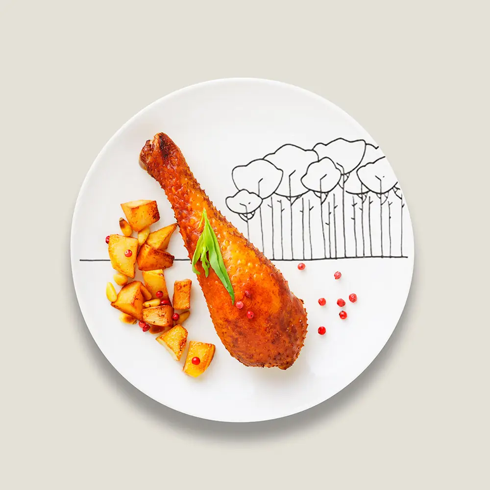 packshot cuisse poulet rotie pommes terre qualite landes