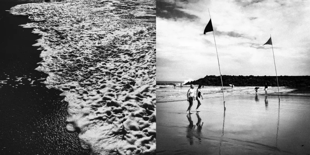 Diptyque noir et blanc d'écume de mer très contrasté et couple marchant plage drapeaux noirs sur ton narratif photographique.