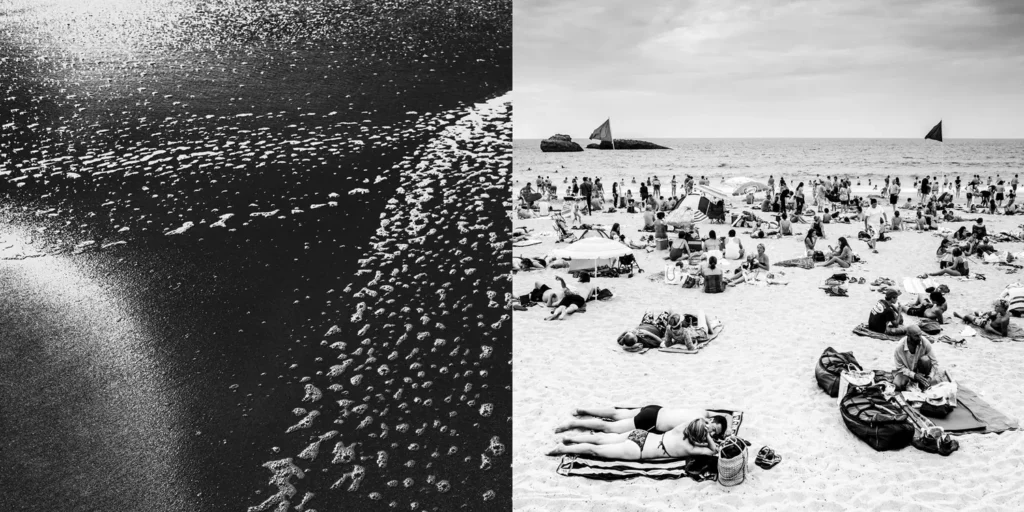 Diptyque en noir et blanc avec du sable mouillé en gros plan très contrasté et une plage bondée de baigneurs sur une plage.