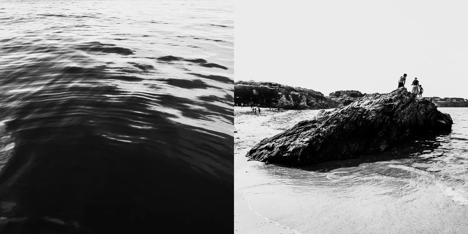 Diptyque noir et blanc ondulations mer et plage rochers silhouettes distance