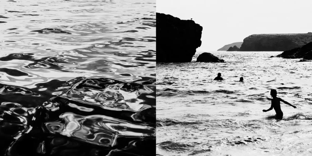 Diptyque en noir et blanc de reflets abstraits en contre jour, avec la mer et des enfant courant dans l'eau dans une composition photographique graphique.
