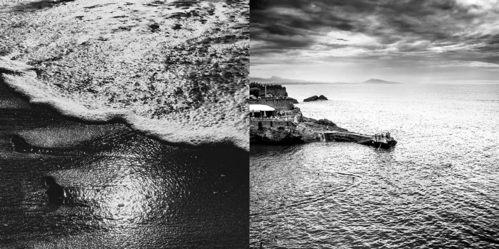 Diptyque noir et blanc avec une lumière en contre jour, et surface mer avec des baigneurs et cap rocheux à biarritz fait par artiste photographe.
