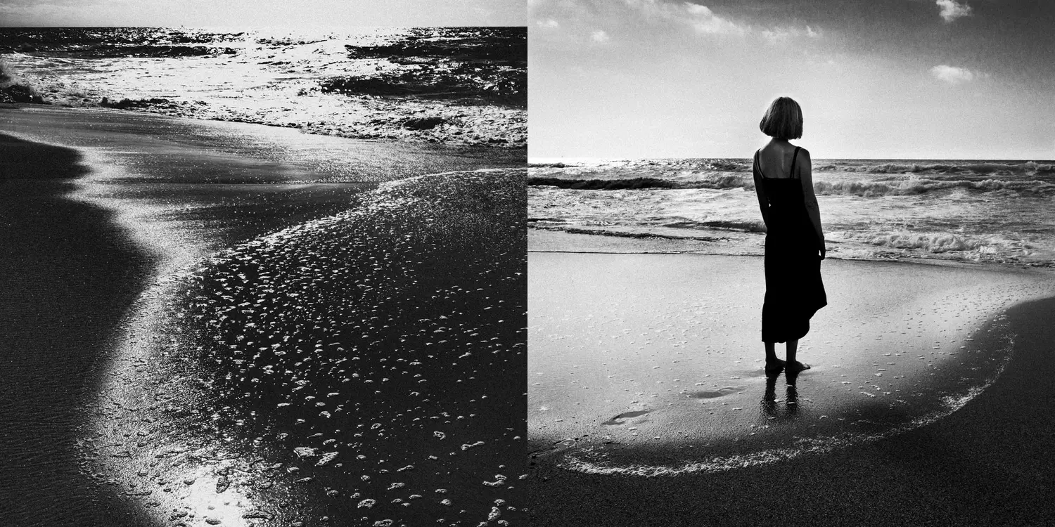 Diptyque noir et blanc eau scintillante et femme seule face a la mer
