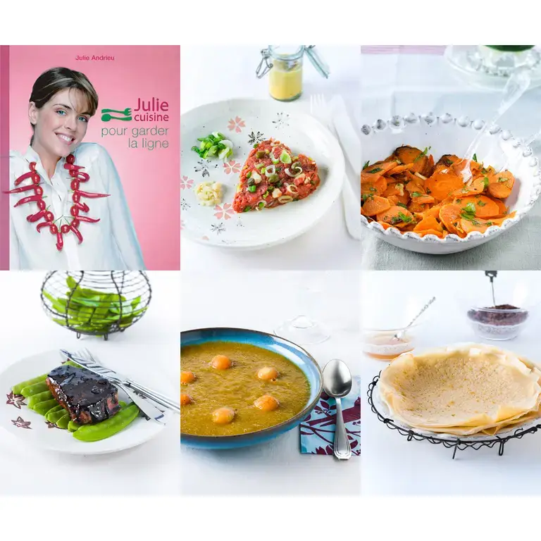 Montage photo culinaire : couverture du livre "Julie cuisine pour garder la ligne" de Julie Andrieu et assiettes de recettes légères — tartare garni, carottes sautées, pois mange-tout avec pavé laqué, soupe de légumes avec billes, crêpes fines — prises de vue studio sur fond blanc.