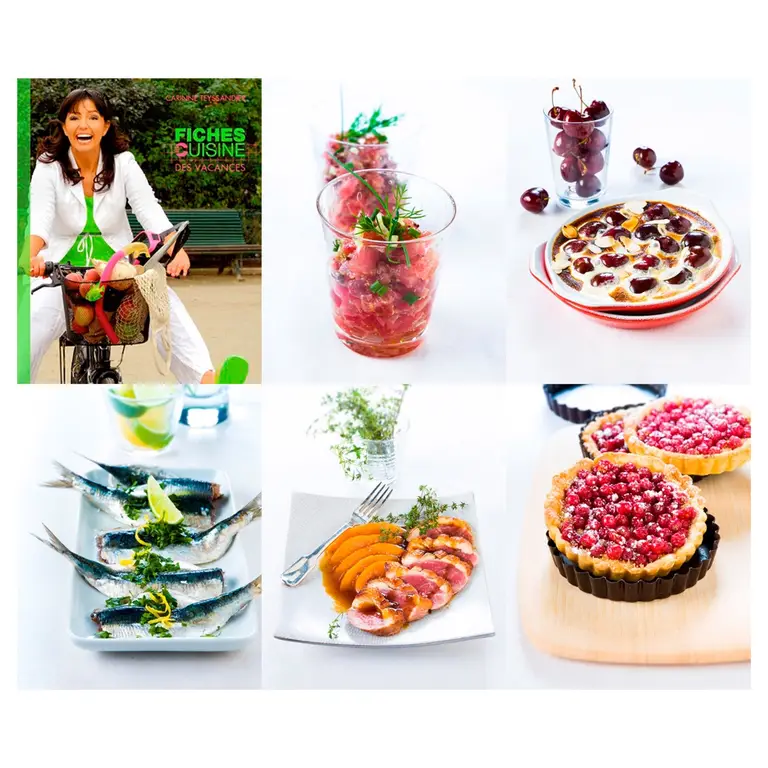 Détail d’un livre de cuisine avec planche estivale : portrait d’une femme à vélo, et photos d’un tartares en verrine, clafoutis cerise, sardines au citron, magret aux abricots, tartes groseilles -Présentation d’images pour l’édition.