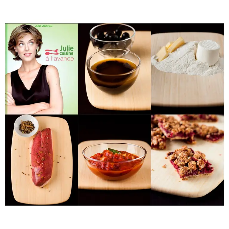 Planche ingrédients et recettes dans un livre de cuisine : portrait d’auteur des recettes, et photos d’olives et sauce, farine et beurre sur une planche, magret épicé, sauce tomate, carrés crumble, pour une présentation de préparations culinaires.