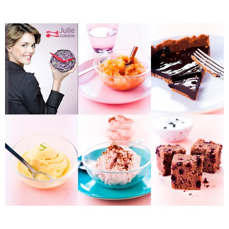 Planche de photos en mosaïque : portrait de cheffe et ses recettes, compote épicée, tarte chocolat brillante, crème dessert, mousse, cubes gâteau, pour un livre gourmand et colorés.