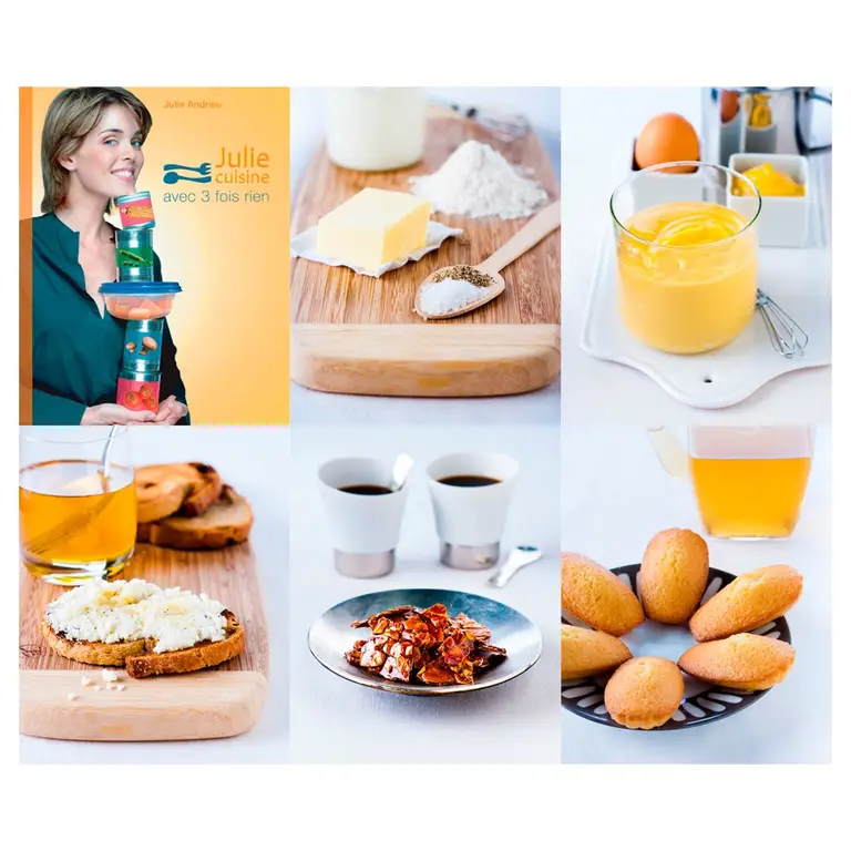 Planche photo de photos culinaires : portrait de la journaliste julie andrieu, et de ses recettes de petits déjeuners avec pesée farine-beurre, gourmandise crème citron, toasts ricotta-miel, duo cafés, nougatine, madeleines.