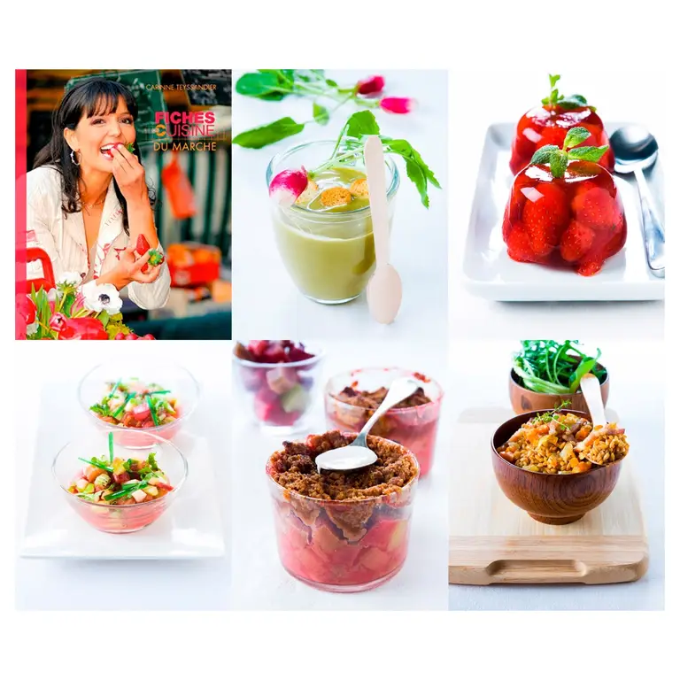 Mosaïque de photos de recettes pour l’édition : portrait de l’auteur du livre et ses préparations, soupe verte au radis, dômes fraise gélifiés, salades en verrine, crumble, bols de céréales.