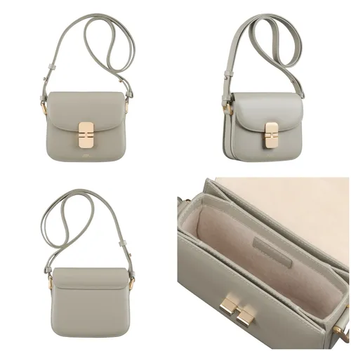 Packshot e-commerce – 4 vues d’un sac bandoulière en cuir lisse gris avec fermoir métal doré : vue face, vue 3/4 montrant l’épaisseur et la bandoulière réglable, vue dos lisse, gros plan intérieur sous rabat avec compartiments et doublure suédée ; détourage sur fond blanc, éclairage studio.