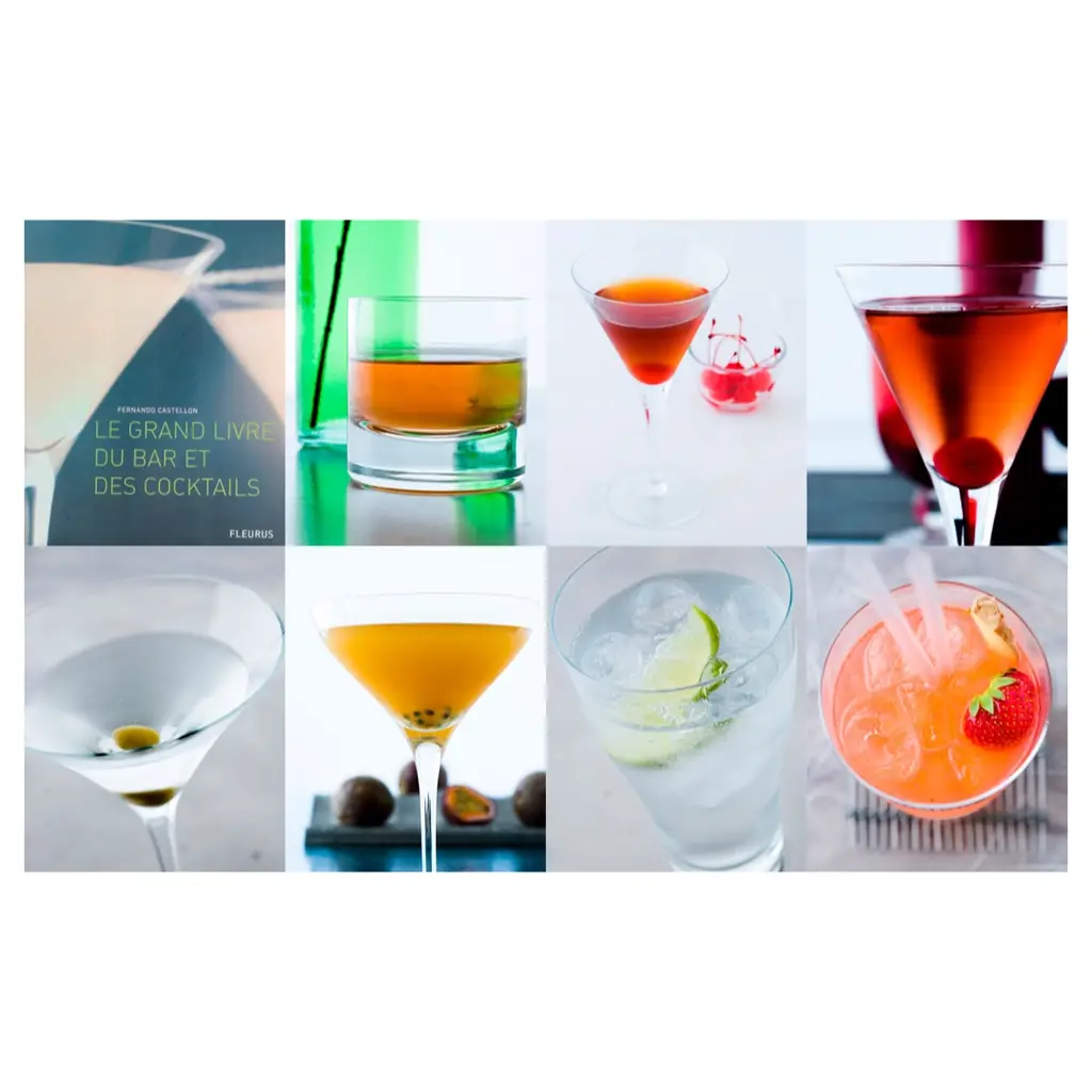Galerie photo de cocktails photographiés à Bordeaux pour livre de recettes : martini, old fashioned, long drink au citron vert et cocktail à la fraise, lumière fraiche et lumineuse.