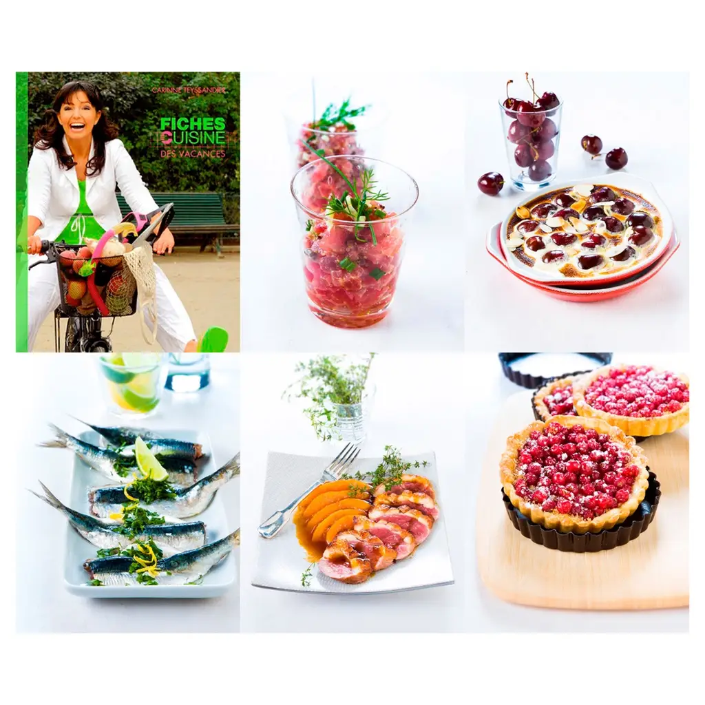 Planche été pour un livre sur la cuisine des vacances : tartare en verrine, clafoutis aux cerises, sardines grillées, magret aux pêches et tartelettes groseille.