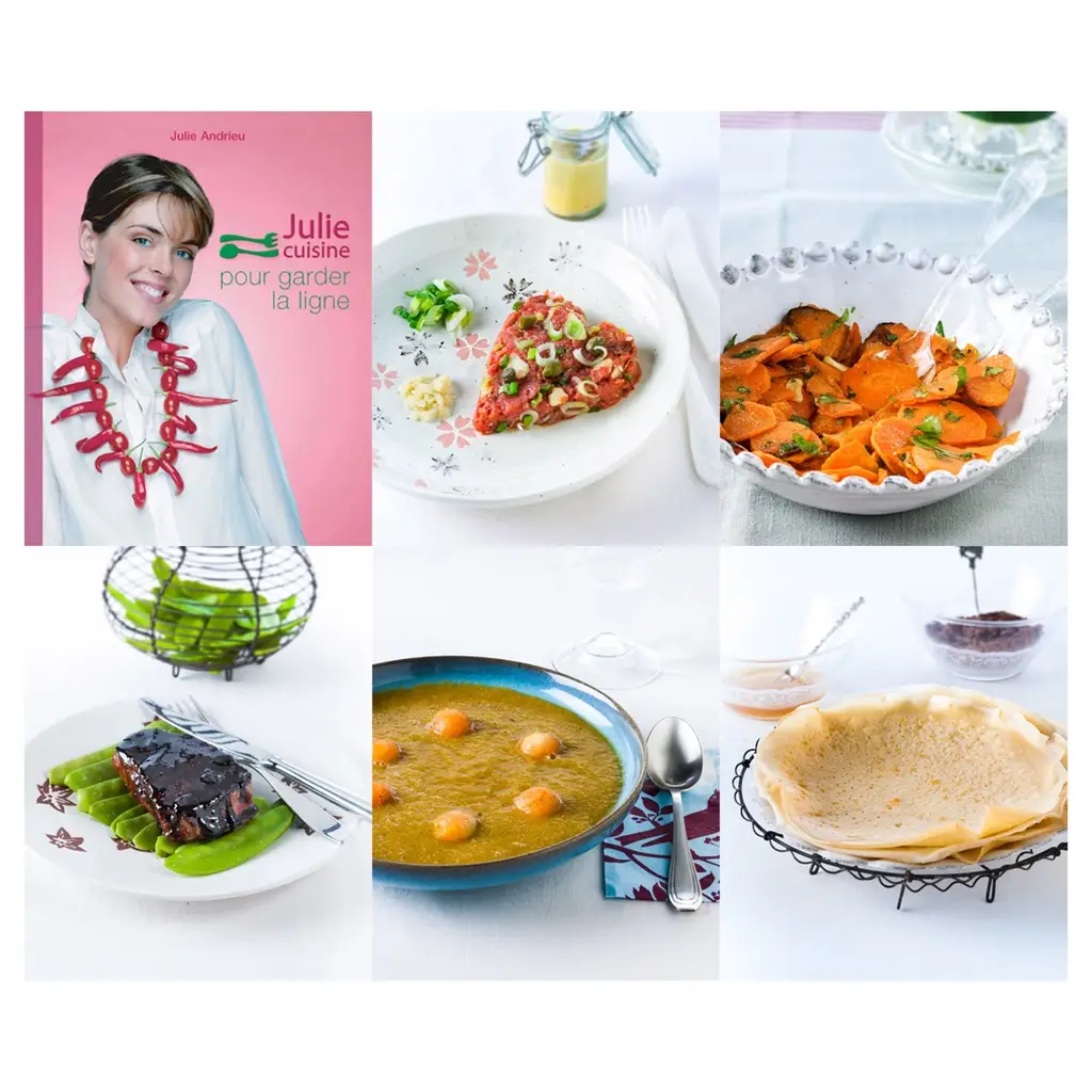 Série de photos culinaires réalisée à Bordeaux : Portrait de l'auteur des recettes, et ses présentation de recettes :tartare, carottes sautées, viande laquée, soupe et crêpes – mise en page éditoriale
