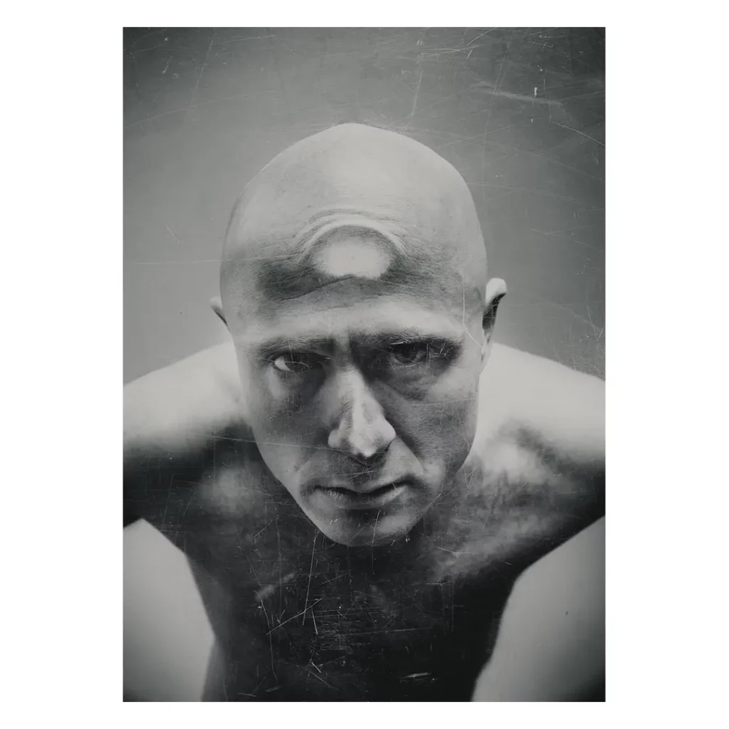 portrait homme crane rase regard fou