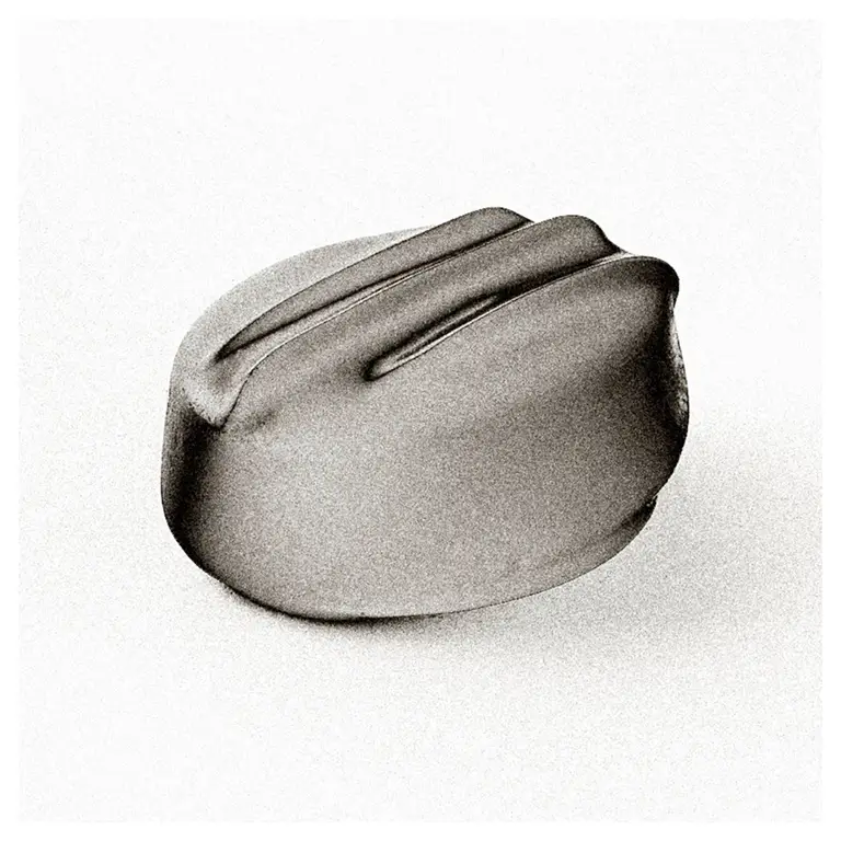 Quenelle de ganache chocolat noir, surface lisse avec deux stries de spatule, fond blanc, packshot culinaire pour fiche produit.