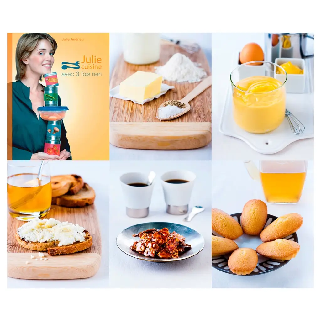 Livre de recettes avec 3 fois rien. Ingrédients de base, crème onctueuse, toasts, café, nougatine et madeleines – photographie culinaire à Bordeaux.
