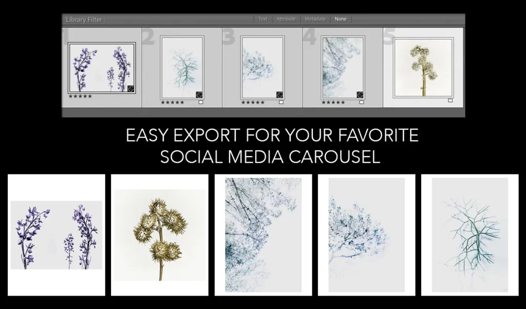 Promotional banner for CarouselKit Lite featuring a Lightroom Classic filmstrip at the top, the headline “Export easy for your favorite social media carousel,” and a row of five square photos with white borders.