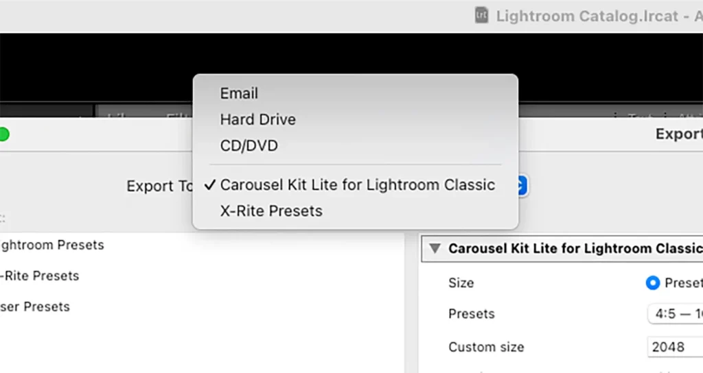 Screenshot of the Lightroom Classic Export dialog on macOS showing the “Carousel Kit Lite for lightroom classic” preset selected from the Export To menu.