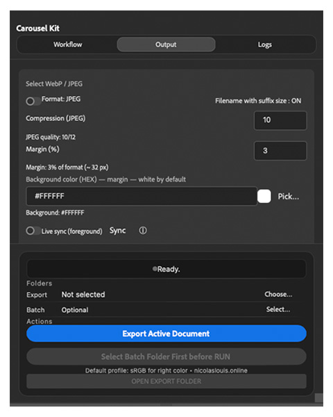 plugin panel: select WebP/JPEG, padding, background color sync.