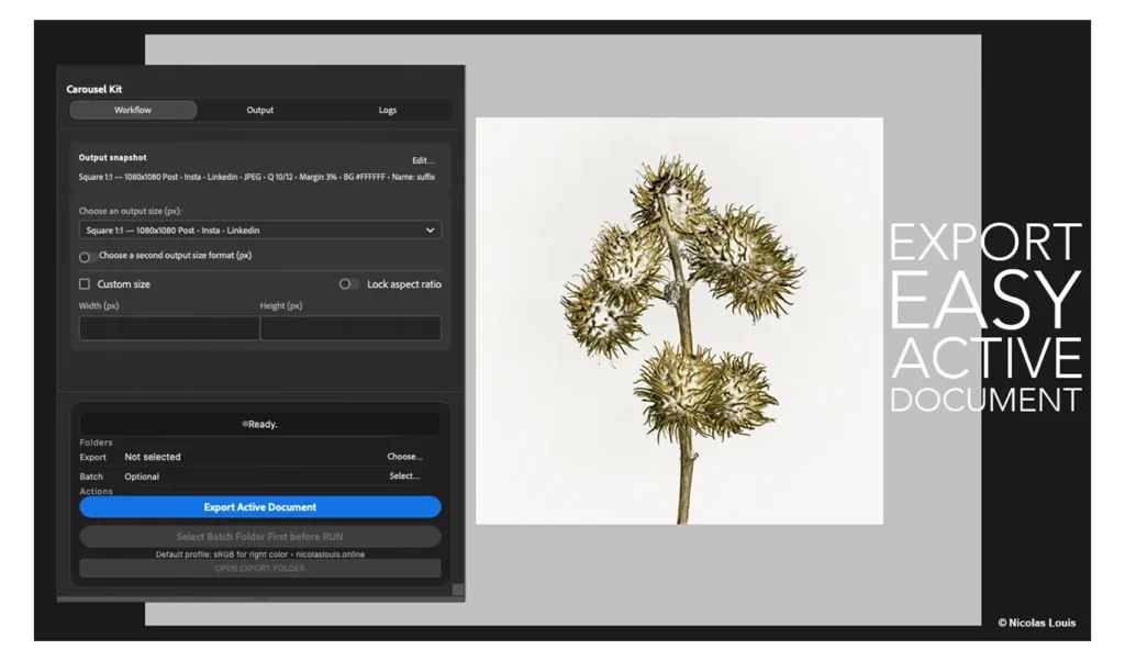 Quick export of the active Photoshop document to WebP or JPEG, with an sRGB profile for consistent web rendering.