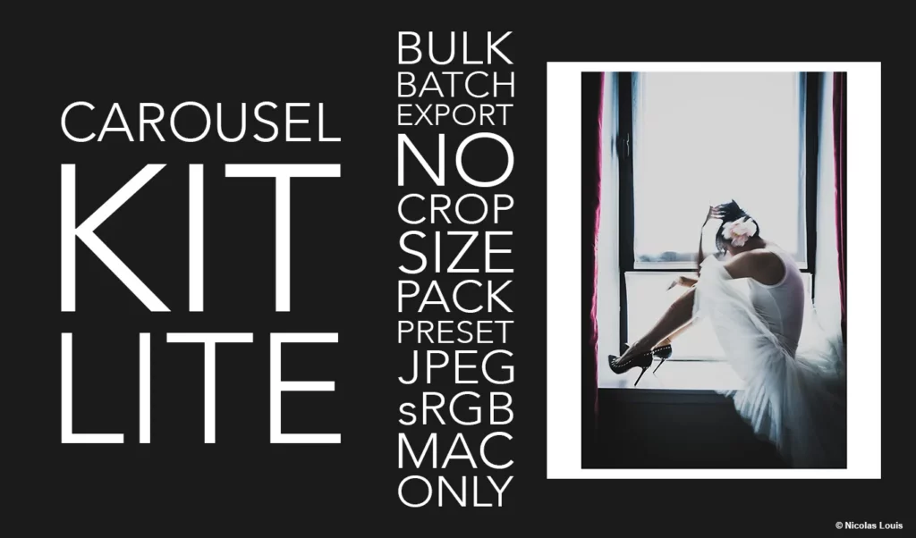CarouselKit Lite promo graphic highlighting bulk batch export, no-crop size pack presets, JPEG sRGB, macOS only, with a framed photo on the right.