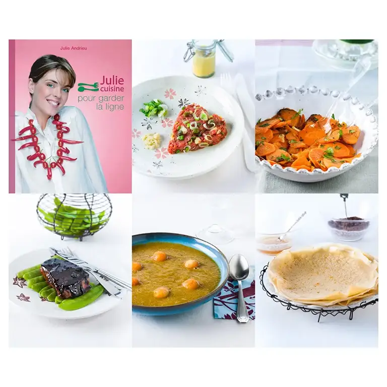 Série de photos pour un livre culinaire réalisée en studio : Portrait de l'auteur des recettes, et ses présentation de recettes : tartare, carottes sautées, viande laquée, soupe et crêpes, mise en page éditoriale.