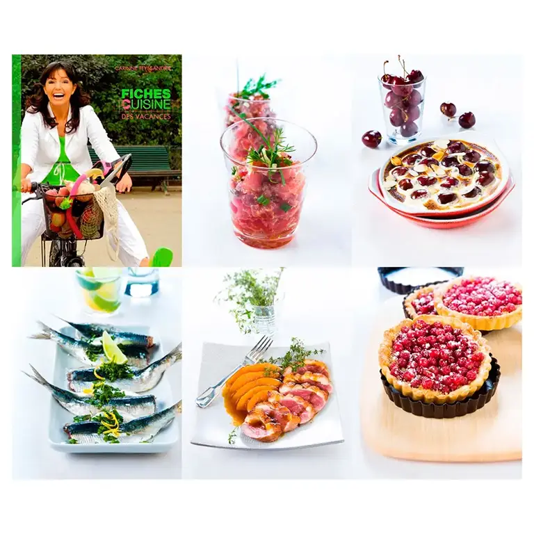 Planche été pour un livre photo culinaire sur la cuisine des vacances : tartare en verrine, clafoutis aux cerises, sardines grillées, magret aux pêches et tartelettes groseille par un photographe professionnel en Rhône-Alpes.