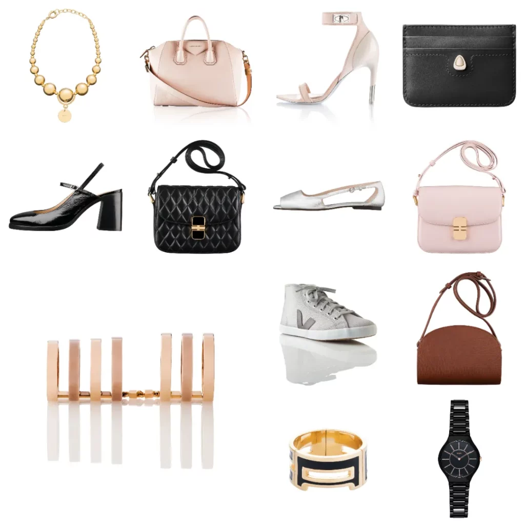 Vue composite de plusieurs produits, d'accessoires de mode en packshots sur fond blanc, par le photographe Nicolas Louis, à Dieulefit.