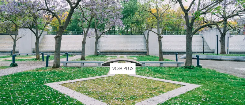 Parc de la villette à paris, avec allées et arbres en fleurs, dans style graphique illustrant un travail de photographe d'architecture et corporate à Dieulefit.