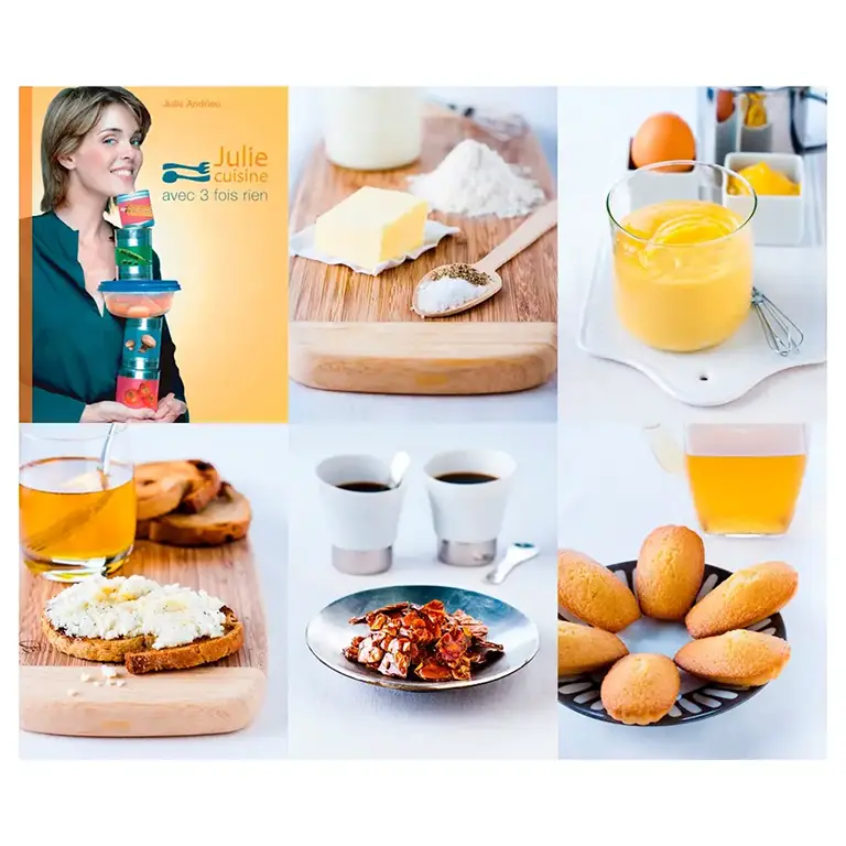 Livre de recettes avec 3 fois rien. Ingrédients de base, crème onctueuse, toasts, café, nougatine et madeleines par un photographe culinaire à Dieulefit.
