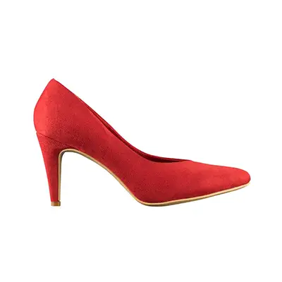 photographe packshot e‑commerce : chaussure femme rouge, vue face, sur fond blanc.
