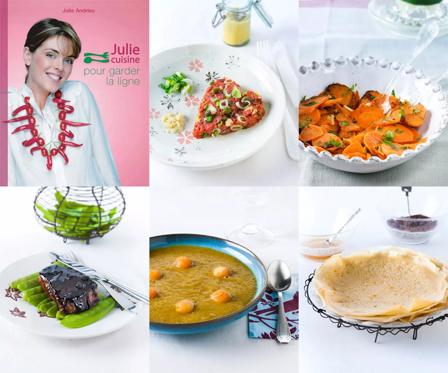 Assortiment de plats equilibres avec tartare, legumes, soupe et crepes legeres, photographie culinaire a Bordeaux