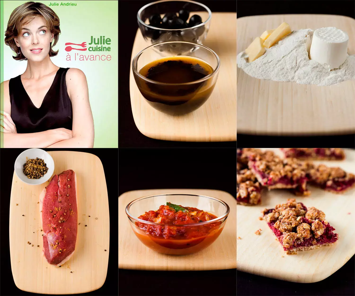 Assortiment de plats cuisines avec ingredients, viande, sauce tomate et dessert crumble, photographie culinaire a Bordeaux