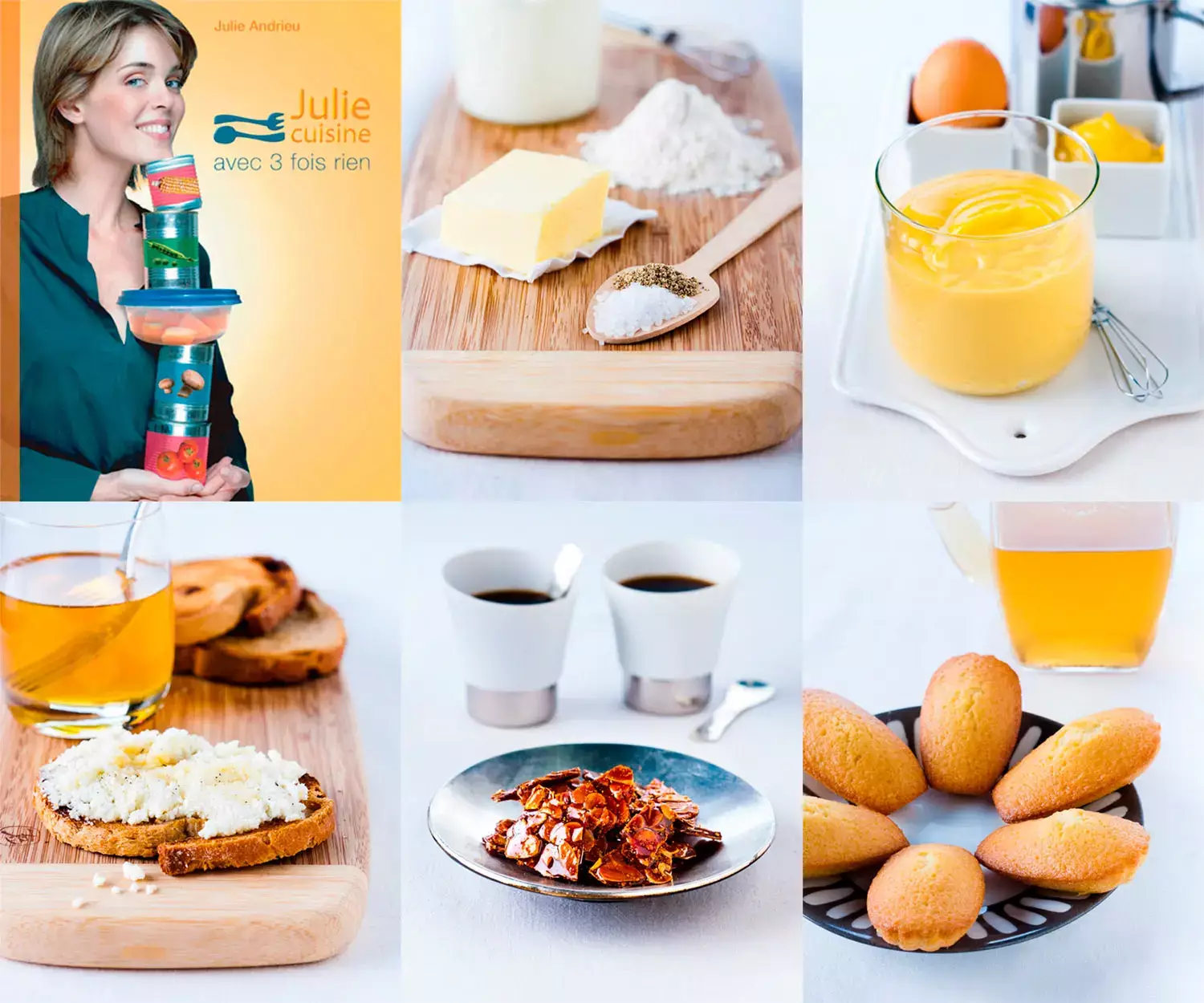 Assortiment de recettes simples avec ingredients de base, creme dessert, tartines, madeleines et cafe, photographie culinaire a Bordeaux