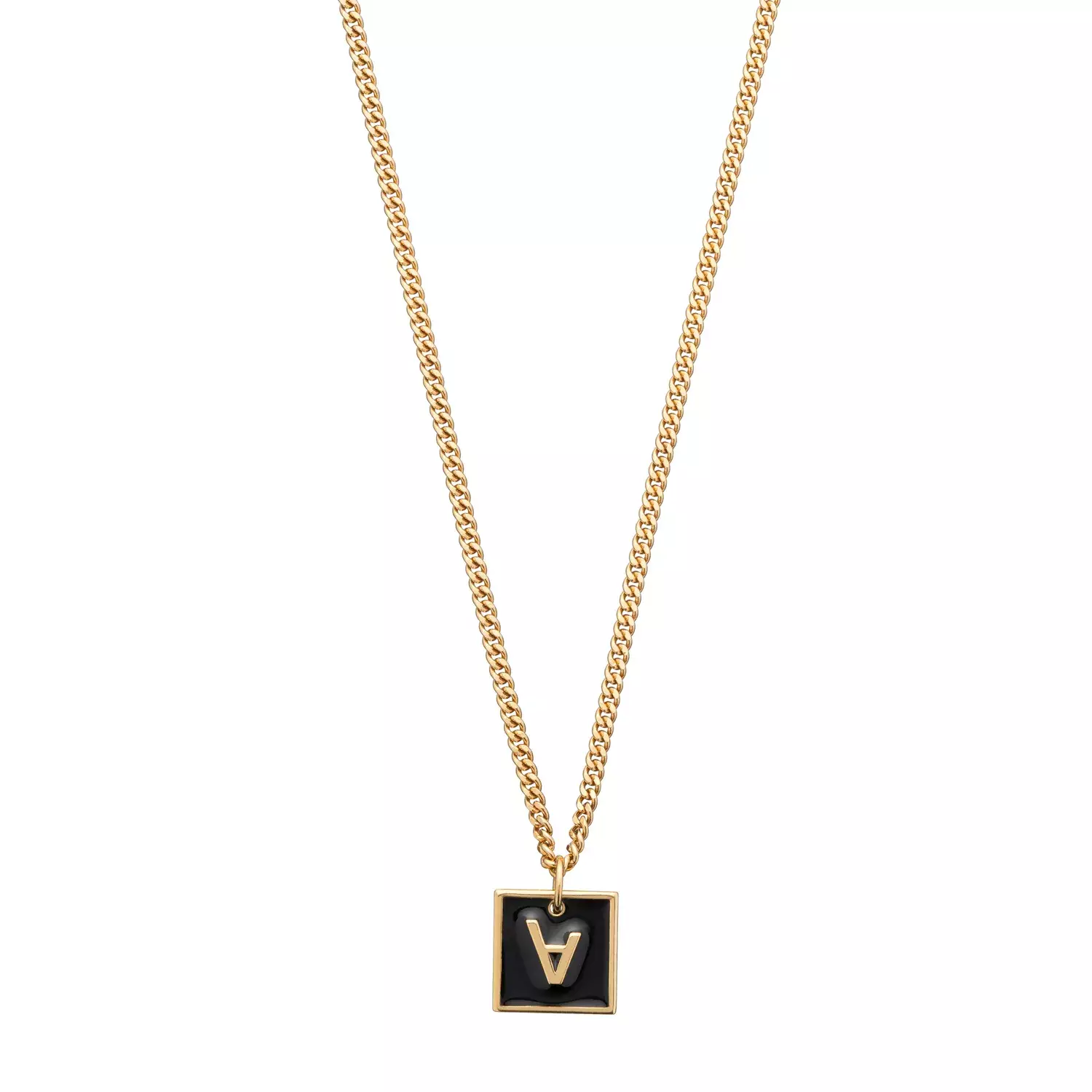 photo packshot collier dore pendentif carre noir avec lettre a realise par photographe e commerce a bordeaux